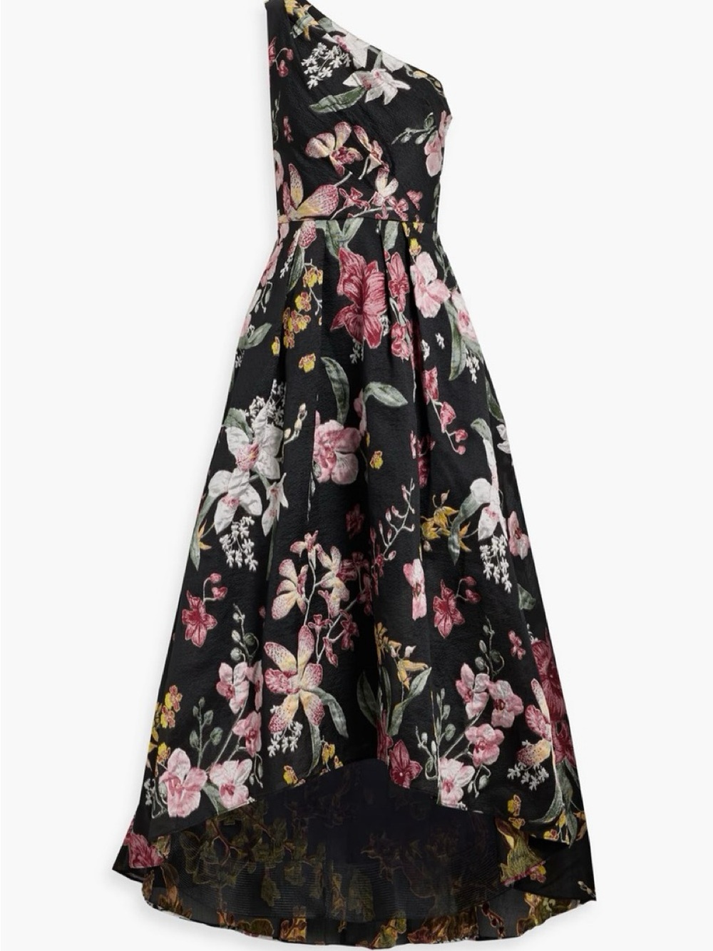 Marchesa Notte Black Floral One-Shoulder Floral Fit-and-Flare High-Low Gown